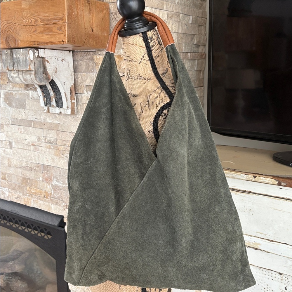Made in Italy (no brand) olive green leather large tote shoulder bag boho style - Picture 4 of 16